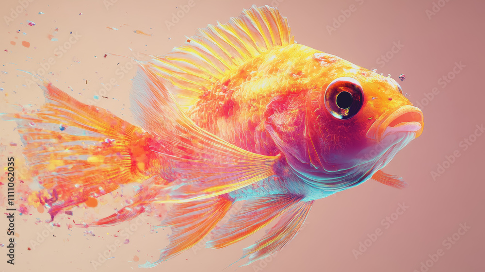 Poster vibrant abstract goldfish with colorful effects and fluid motion in bright and soft pastels for uniq