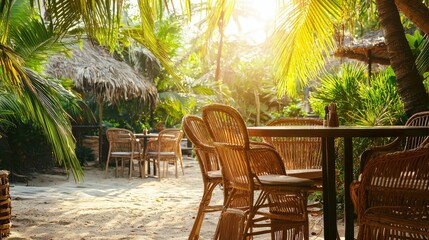 Fototapeta premium Tranquil Beachside Setting with Woven Chairs Surrounded by Lush Greenery and Tropical Plants, Bathed in Warm Golden Light and Serene Atmosphere