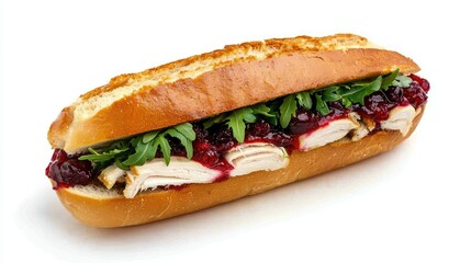 Delicious turkey sandwich with cranberry sauce and fresh arugula served on a crusty hoagie roll perfect for lunch or as a hearty snack option.