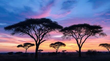 Fototapeta premium Silhouettes of Acacia Trees Against a Vibrant Sunset Sky in a Serene Landscape of the African Savannah