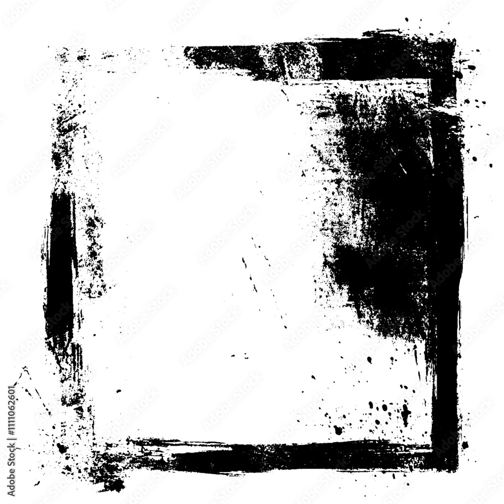 Poster Vector frame with rough black ink strokes and grunge texture. Abstract edge design featuring worn, distressed.