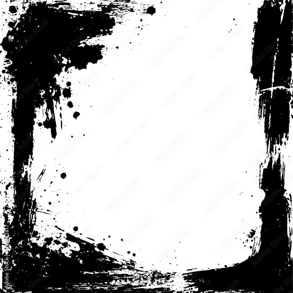 Poster Vector grunge frame with black ink strokes and torn edges on a scratched paper texture. Abstract design featuring vintage, uneven corners and rustic grain.