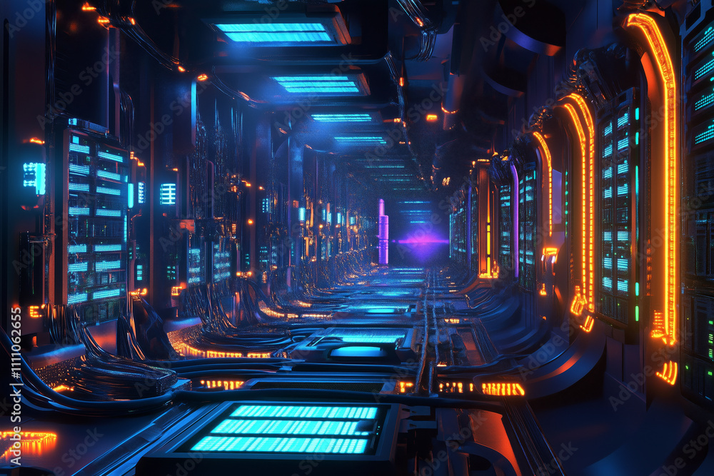 Poster futuristic server room with rows of glowing servers and data cables, symbolizing the backbone of the