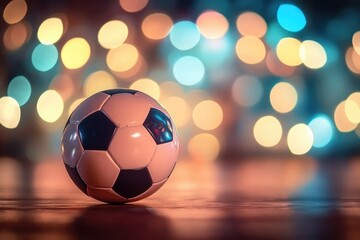 Fototapeta premium A classic black and white soccer ball is prominently displayed against a vivid bokeh backdrop, symbolizing the thrill and energy of sports and playfulness.