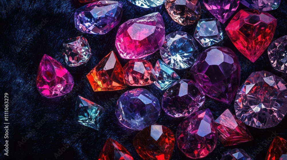 Poster a stunning array of colorful gemstones displayed on a soft velvet surface, showcasing sparkling face
