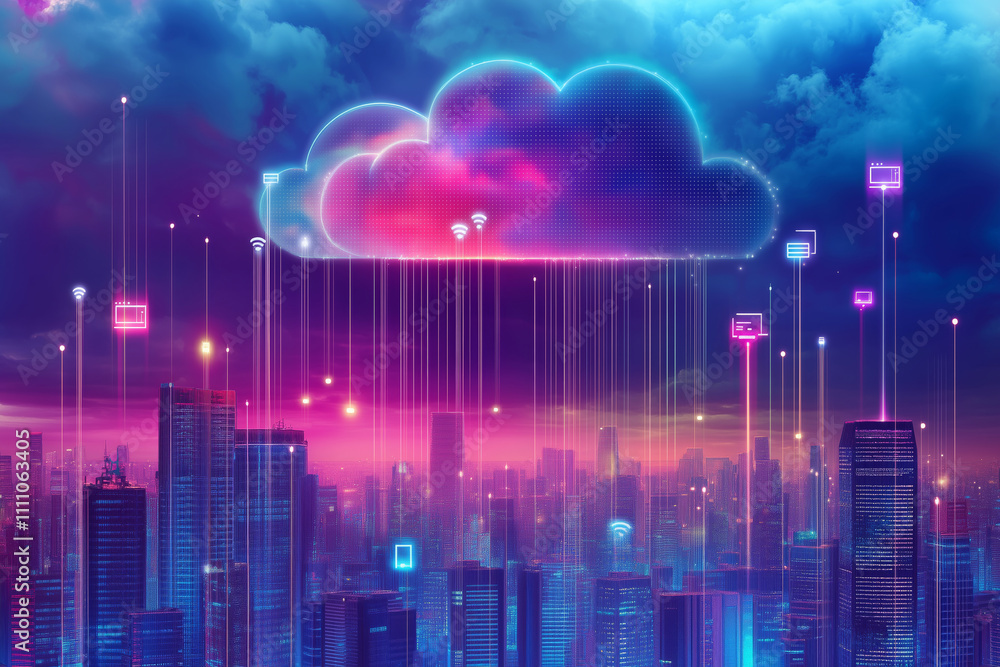 Poster conceptual illustration of cloud computing, with digital clouds above a cityscape, connected to vari