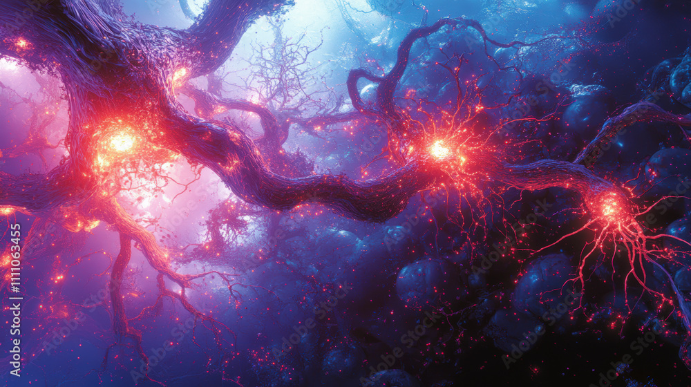 Poster a vibrant, abstract depiction of neurons, showcasing glowing synapses and intricate neural networks 