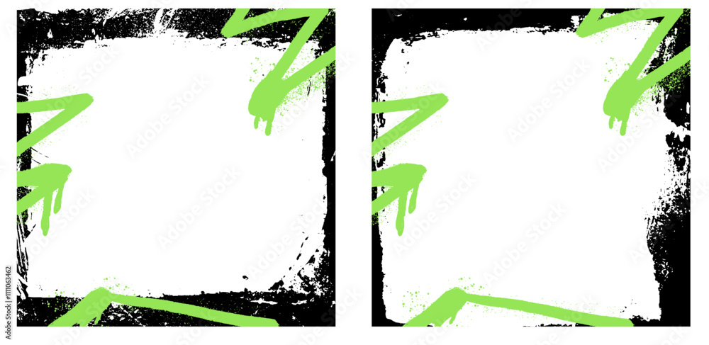 Poster Graffiti spray element on grunge frame set with brush strokes and vector paint. Rough texture and black ink border with hand drawn outline.