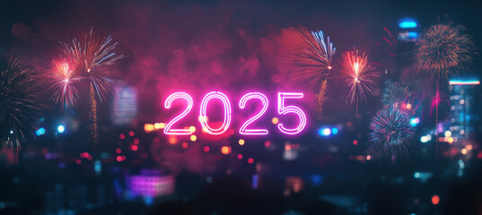 Celebrating arrival of 2025, this vibrant image showcases colorful fireworks lighting up night sky, creating festive atmosphere filled with joy and excitement