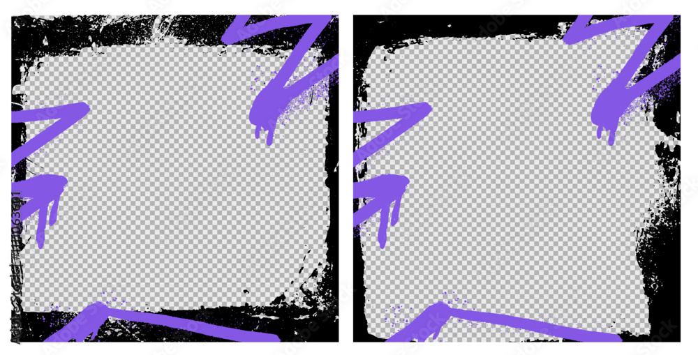 Poster purple spray graffiti frame with brush border and vector paint. rough stroke, retro abstract design 