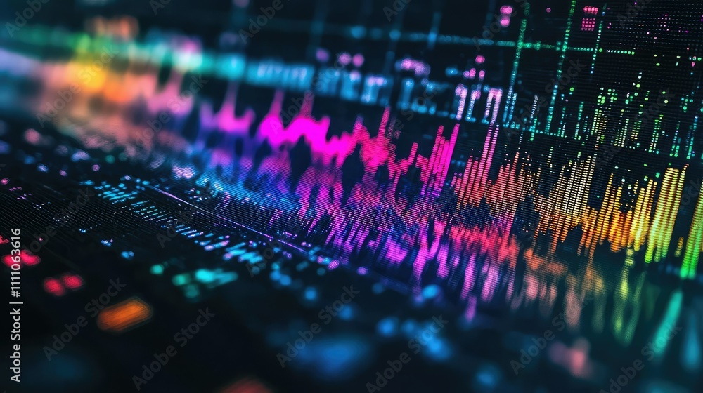Poster colorful sound wave patterns in a digital audio visualization, showcasing abstract graphic represent