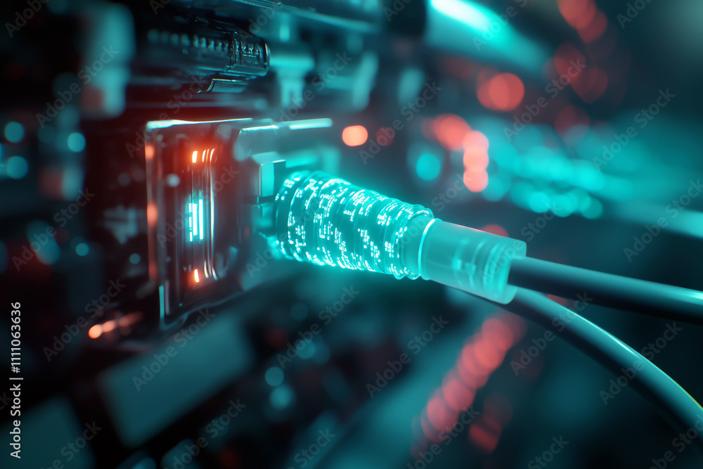 Aufkleber network cables plugged into a futuristic device, glowing with the flow of internet data.