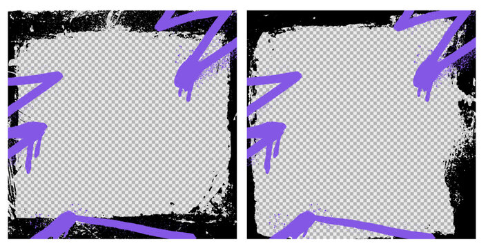Purple spray graffiti frame with brush border and vector paint. Rough stroke, retro abstract design with old black ink shape and pattern, textured background.