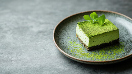 Delight in this matcha tea powder cheesecake, beautifully presented on textured plate. vibrant green color and smooth texture evoke sense of freshness and indulgence