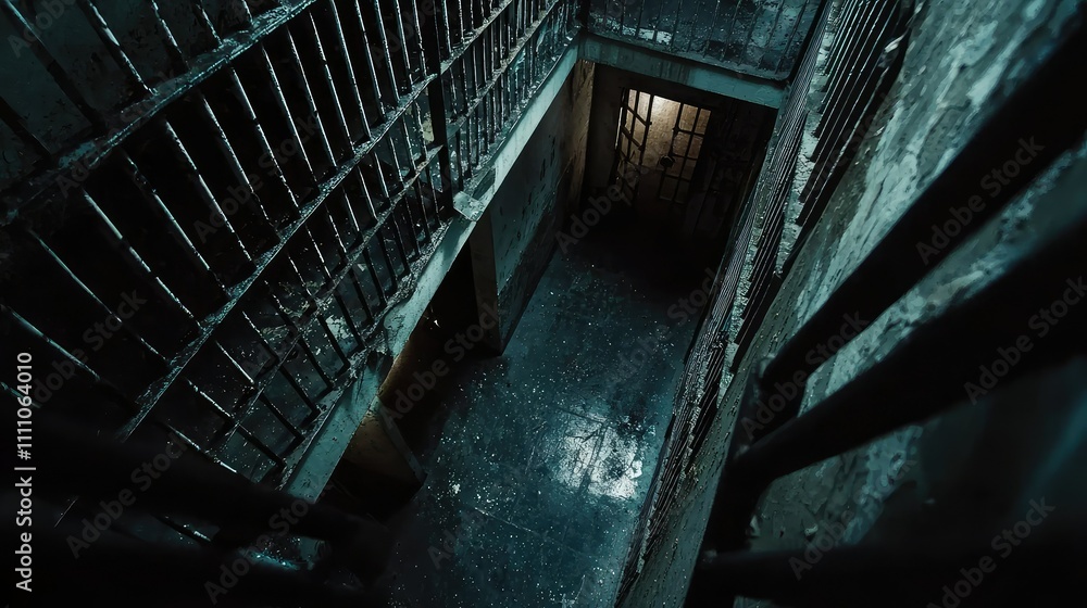 Poster dark and gloomy view of an abandoned jail cell with rusty bars and dim light breaking through the sh