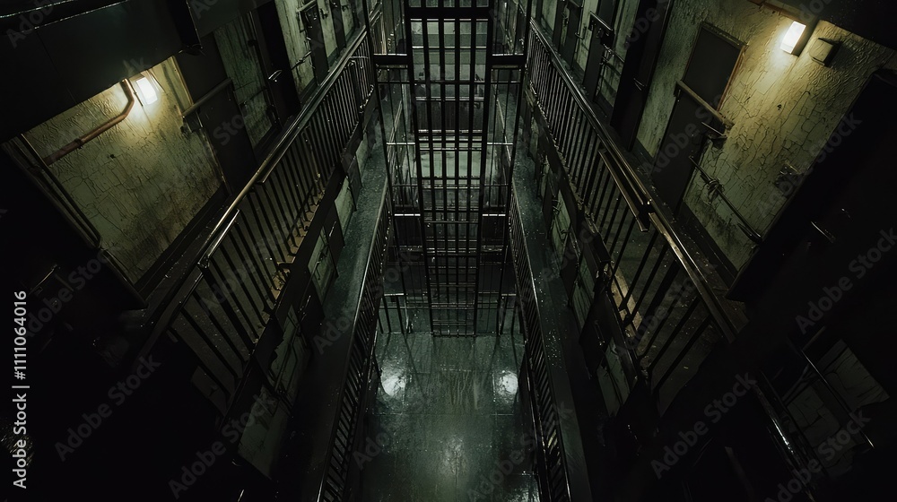 Poster dark and gritty corridor of an abandoned jail cell block with iron bars and dim lighting, evoking a 