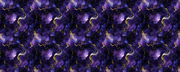 seamless pattern of Abstract cosmic nebula purple gold galaxy watercolor texture  mystical space fantasy art 