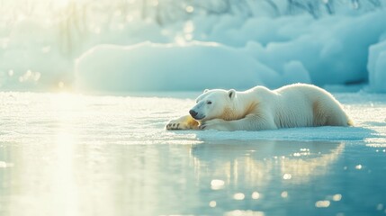 Naklejka premium A polar bear rests on an icy surface, surrounded by a serene, snowy landscape, reflecting a tranquil Arctic environment.