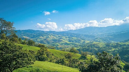 Fototapeta premium Breathtaking Scenic View of Rolling Green Hills Under a Bright Blue Sky with Fluffy White Clouds in a Peaceful Natural Landscape