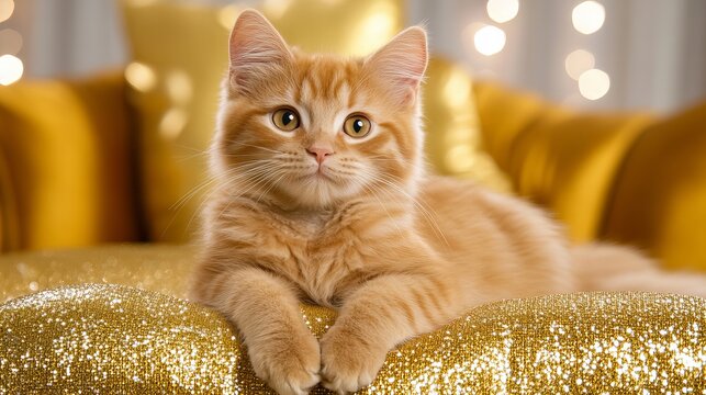 Adorable ginger cat lounging on a sparkling golden couch, showcasing its charming personality.