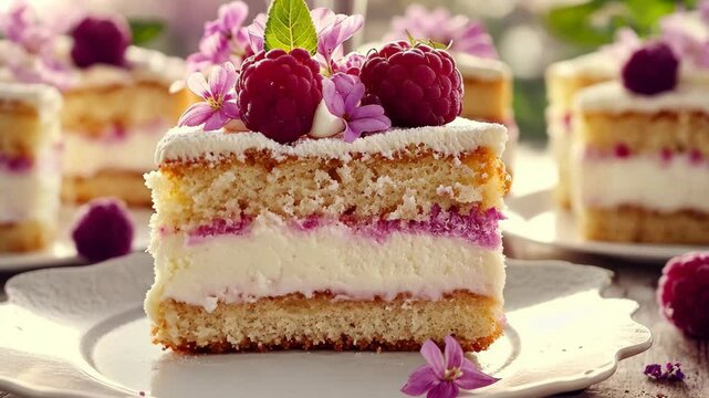 Delicious raspberry cream cake on a plate with edible flowers and fresh fruits in a bright, natural setting