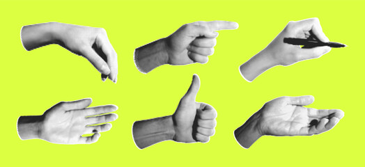 Obraz premium Set of halftone images of hands. Pop art retro style illustration