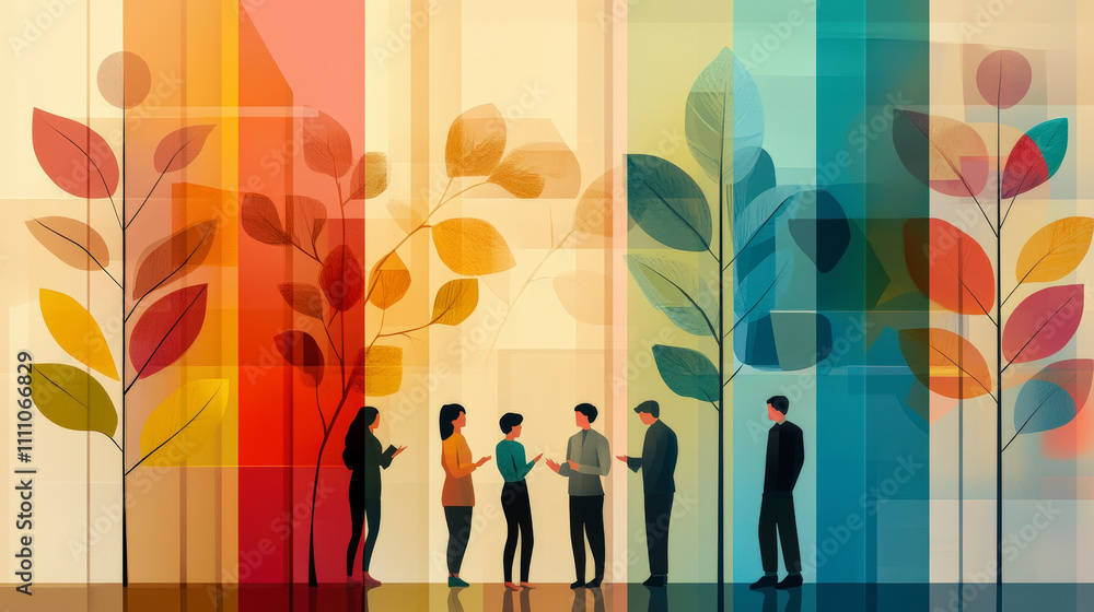 Poster people standing under colorful abstract trees, engaging in conversation against a geometric-patterne