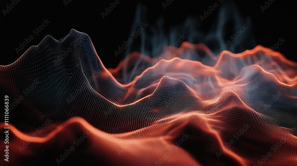 Poster abstract 3d rendering of colorful waveforms with glowing lines and dots against a dark background fo