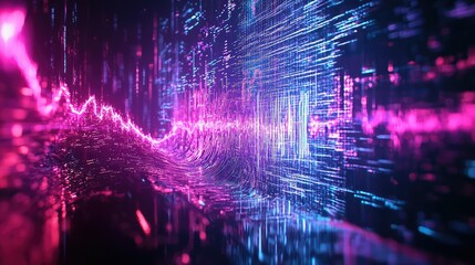 Obraz premium Futuristic Abstract Visualization of Data Waves and Patterns in Vibrant Colors, Blending Technology and Digital Landscapes for Creative Projects