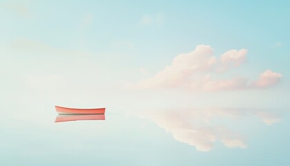 Lone Boat Floating on Vast, Empty Ocean Under Soft Blue Sky with Gentle Clouds