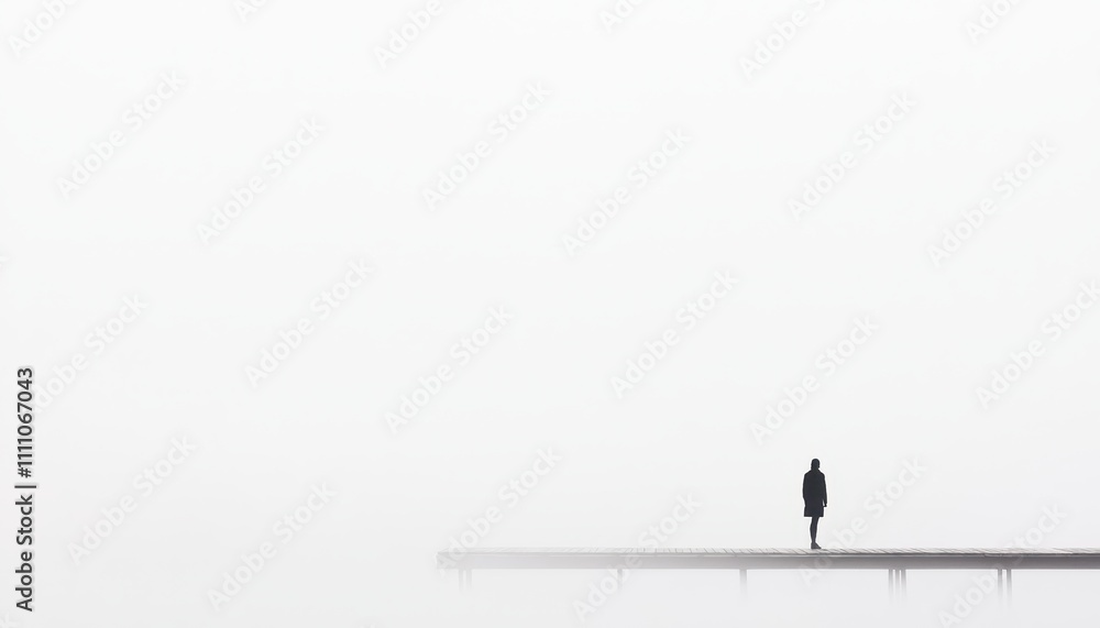 Poster lone figure standing on the edge of a dock surrounded by fog and mist in a serene landscape