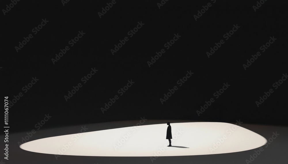 Poster lone figure standing under single spotlight in dark space evokes themes of isolation and reflection