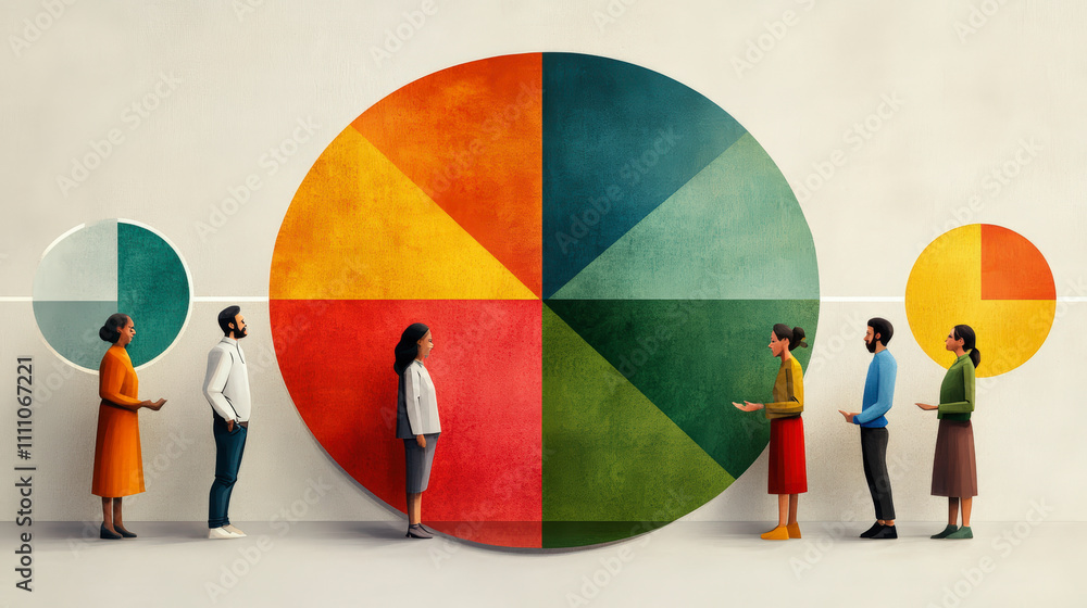 Poster people standing beside colorful pie charts on a wall, discussing or analyzing the data. the charts r