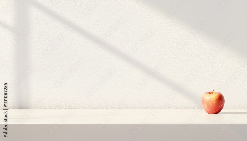 Poster Single Red Apple on a Minimalist White Background with Soft Shadows in a Bright and Clean Setting