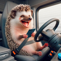 Hedgehog driver driving a car with a smartphone in his paw