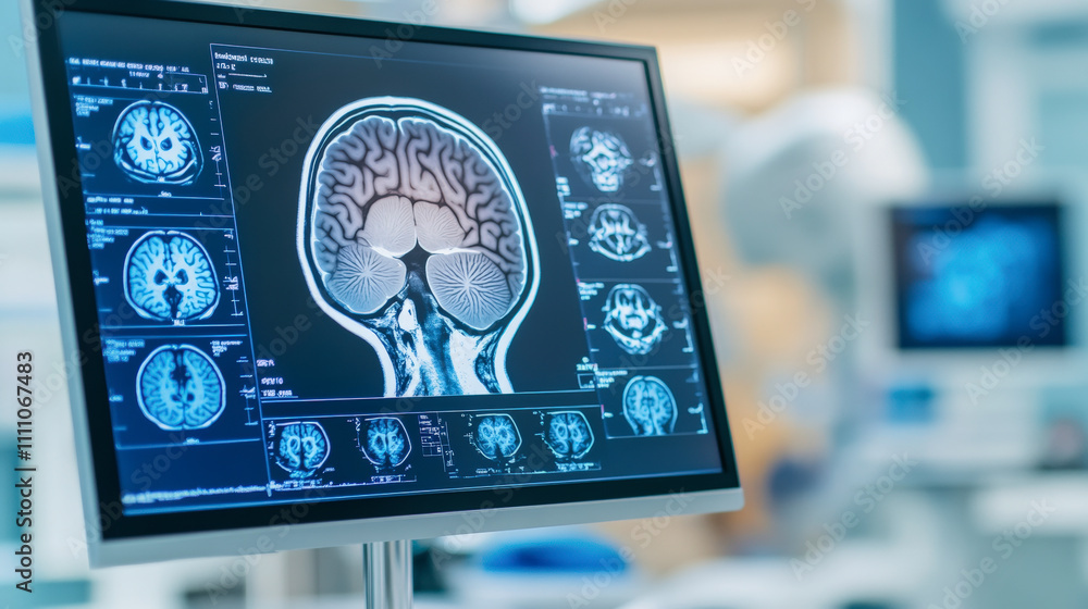 Poster a computer screen displays detailed brain scan images, showing various cross-sections and angles, li