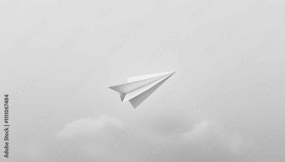 Poster single paper airplane gliding gracefully through a vast and serene sky with soft clouds in the backg