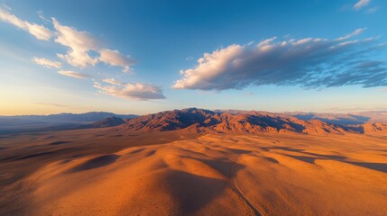 Fototapeta premium A stunning desert landscape featuring rolling sand dunes, rugged mountains, and a vibrant sky with scattered clouds during sunset.