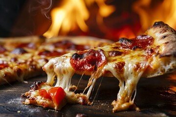 Juicy slice of pizza with cheese and spices, pulled from a fluffy crust against a backdrop of warm...