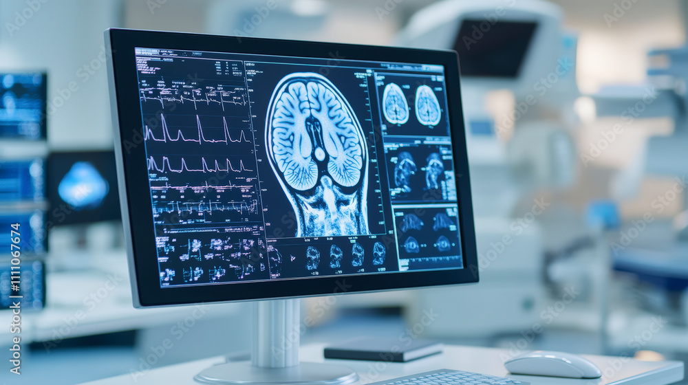 Aufkleber a computer screen displays detailed brain scan imagery and eeg data in a modern medical office, indi