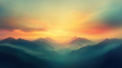 Fototapeta premium A serene landscape featuring misty mountains under a colorful sunrise, creating a tranquil and picturesque atmosphere.