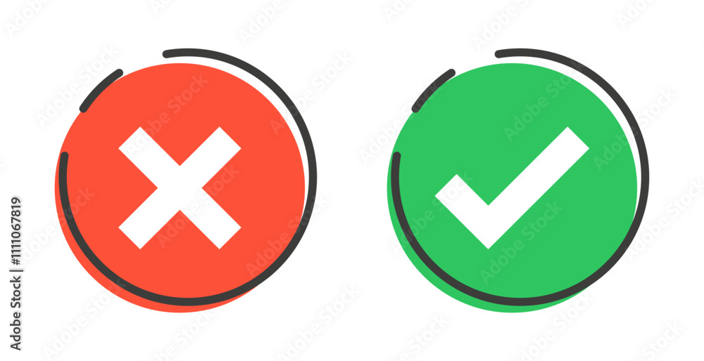 Poster check mark icon button set. check box icon with right and wrong buttons and yes or no checkmark icons in green tick box and red cross. vector illustration