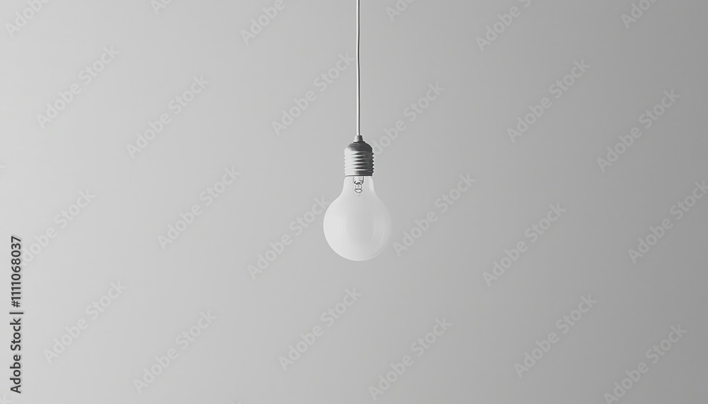 Poster minimalist concept of single lightbulb hanging in dark room with soft glow and simple background