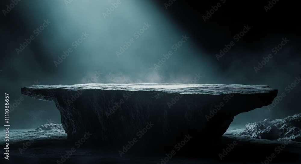 Poster Mysterious floating platform illuminated by soft light in a dark environment