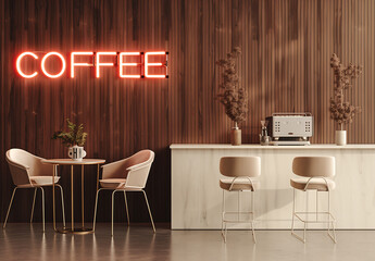 Contemporary coffee shop with a wooden counter, comfortable seating, and a vibrant neon coffee sign, creating a warm and inviting atmosphere