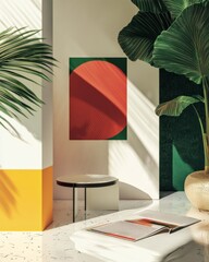 Contemporary magazine cover design with tropical plant theme and geometric art