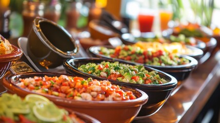 Obraz premium Photo of, A tempting taco bowl bar with options like spicy shrimp, barbacoa beef