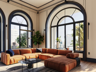 Stylish living room featuring arched windows, a large brown sectional sofa, modern decor elements, and indoor plants, flooded with natural light from oversized windows