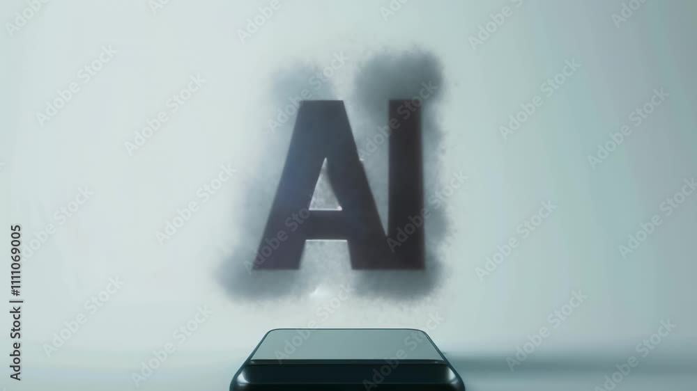 Poster Black smartphone generating a cloud of smoke forming the letters ai, representing the concept of artificial intelligence and cloud computing