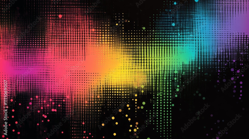 Poster a vibrant abstract design featuring colorful dots and gradients on a dark background.
